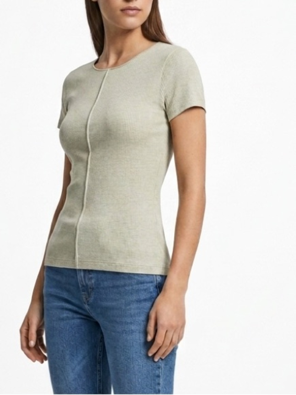 NWT Massimo Dutti Stretch Rib Knit Short Sleeve Top Beige Metallic FLAW Sz XS